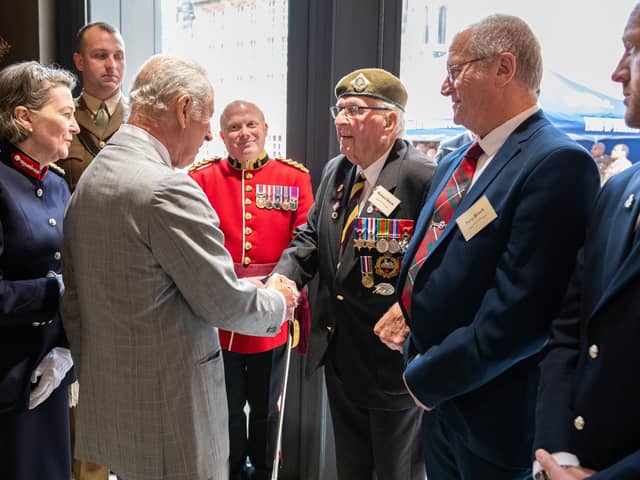 King Charles III speaks with 101-year-old Richard Brock a D-Day Veteran from Lancaster. Photo: Kelvin Lister-Stuttard.