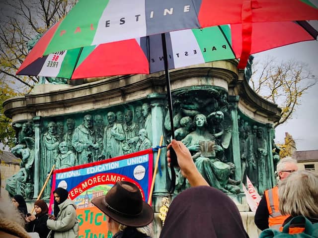 A rally in Lancaster protesting against the Israeli-Palestine conflict.