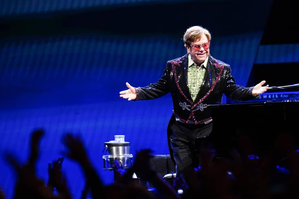Elton John performs on stage during his Farewell Yellow Brick Road show at the O2 Arena, in south London. Picture date: Sunday April 2, 2023.