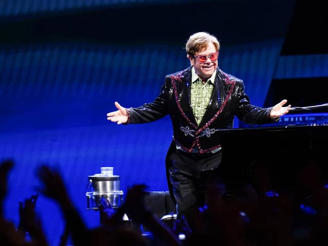 Elton John performs on stage during his Farewell Yellow Brick Road show at the O2 Arena, in south London. Picture date: Sunday April 2, 2023.