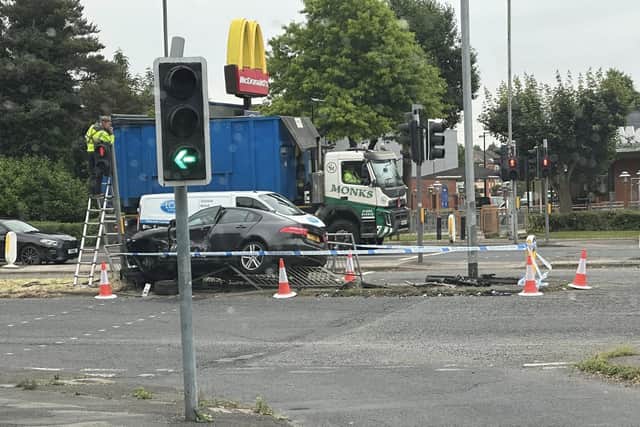 The scene of the crash in Riversway, near McDonald's at Preston Docks, this morning (Tuesday, June 27). Picture by Janis Saveljevs
