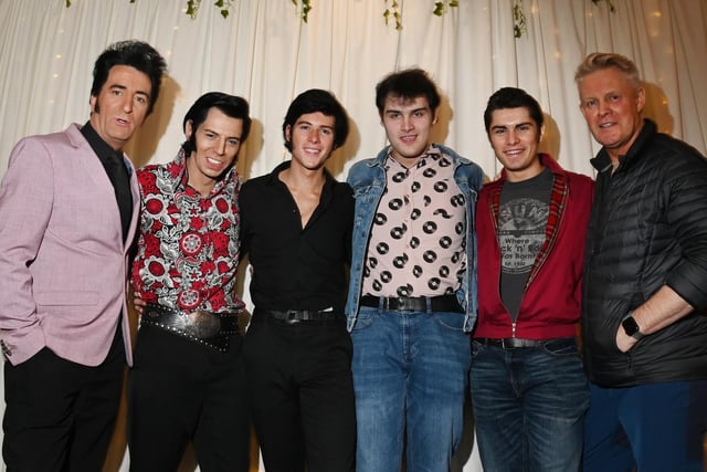 Some of the Elvis tributes backstage as they prepare for the contest, from left, Compere Mike Nova, Karl Memphis, Charlie Harper, Louis Brown, Emilio Santoro and Paul Larcombe.