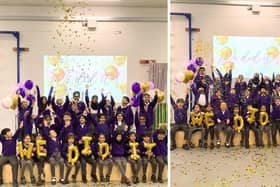 Pupils at The Olive School, Preston celebrate their fantastic achievement.
