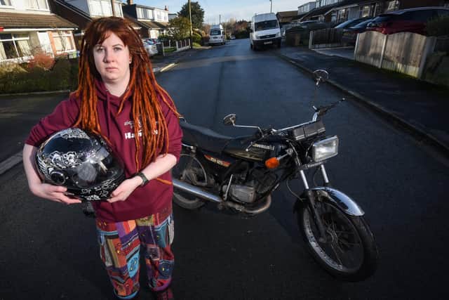 Hannah Hardy, 26, says she was knocked off her motorbike by an impatient driver as she was riding along Skitham Lane in Pilling
