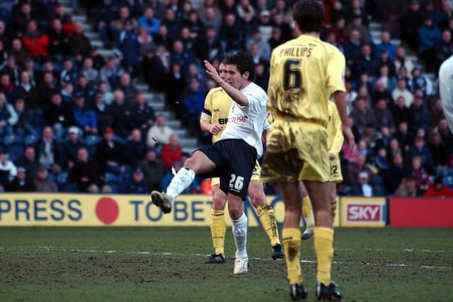 Brian Stock has a shot on his Preston North End debut against Millwall at Deepdale
