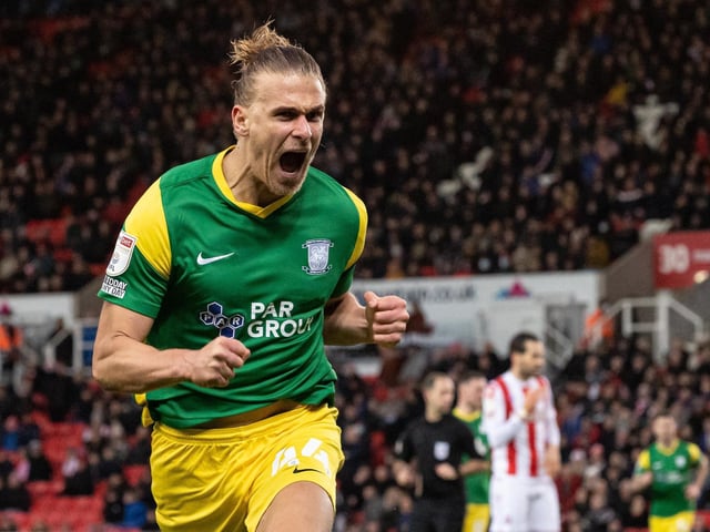 Brad Potts celebrates scoring his side's first goal as PNE made it two wins in two under Ryan Lowe, away at Stoke City