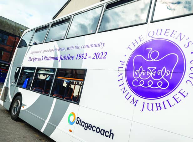 © Harry Atkinson 30/05/2022. Stagecoach run a bus with a Queen's Jubilee themed livery. The bus goes from Carlisle to Brampton and back. Photos from the Carlisle Bus Station and route to Brampton.