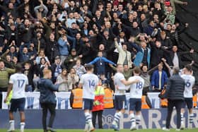 Preston North End players and manager Ryan Lowe celebrate in front of the fans at the final whistle during last season