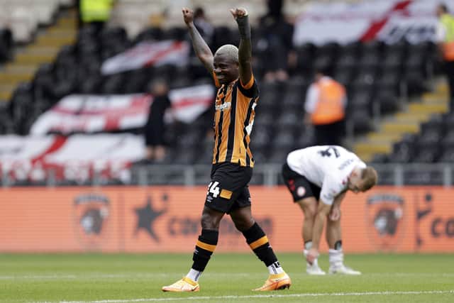 Hull City's Jean Michael Seri celebrates after the final whistle having scored a stoppage time winner against Bristol City.