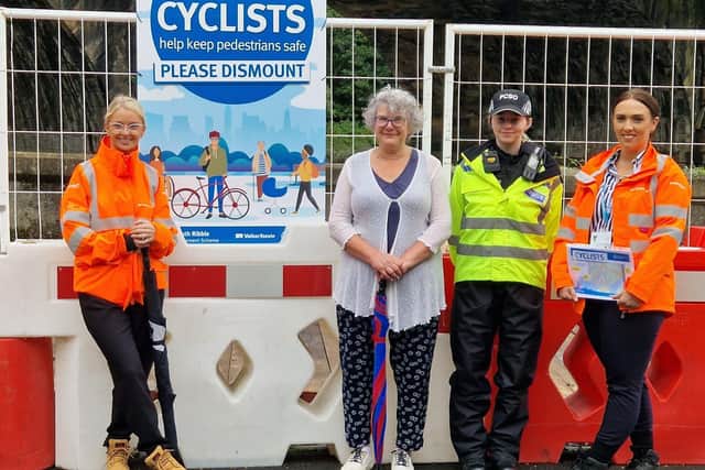 Cllr Carol Henshaw (second left) fears a serious accident will result from cyclists ignoring warning signs on Riverside