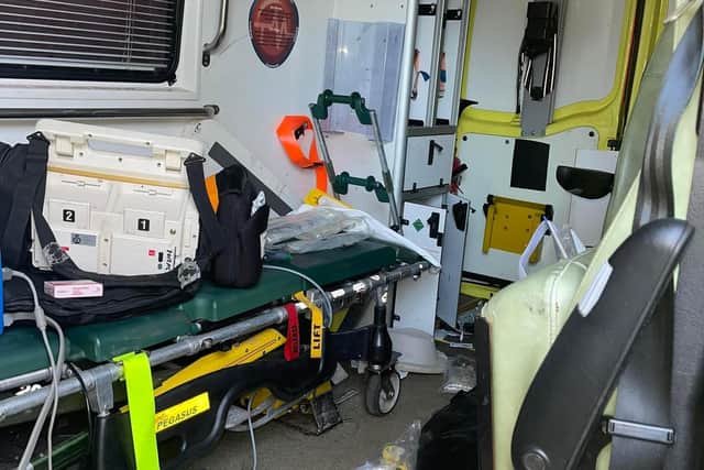 Paramedics were horrified to find the emergency vehicles ‘trashed’ and stripped of medical supplies, leaving crews unable to respond to emergency calls. Pic credit: North West Event Medical Solutions
