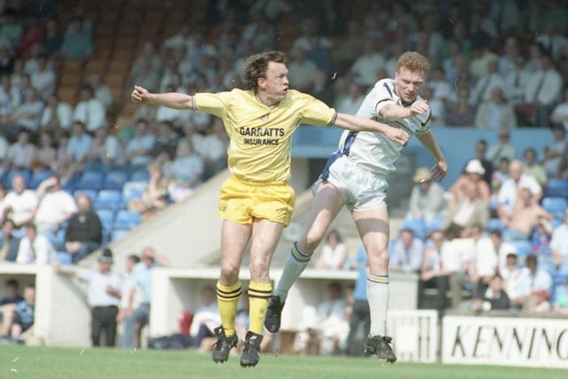 John Thomas competes for the ball in PNE's away game at Shrewsbury on the last day of the 1989/90 season. Anyone recognise the Shrewsbury player?