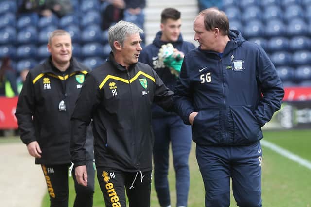 Simon Grayson with Alan Irvine and Frankie McAvoy when PNE played Norwich in April 2017