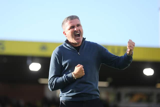 Preston North End manager Ryan Lowe celebrates at the end of the match against Norwich City.