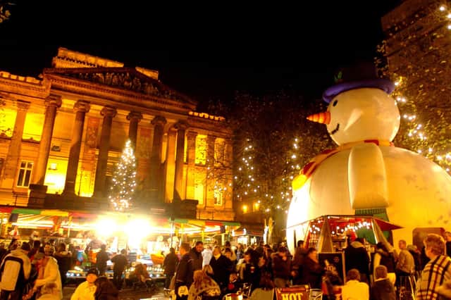 Preston's Flag Market and Harris Museum glowing for the Christmas lights switch-on in 2005