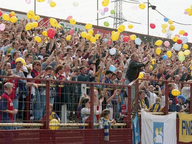 Preston North End fans celebrate promotion at Leyton Orient in 1996