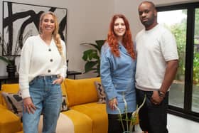 Stacey Solomon (left) helped out Caroline and Erick in the first episode of her new series Stacey Solomon: Renovation Rescue (Picture: Matt McQuillan/Channel 4)