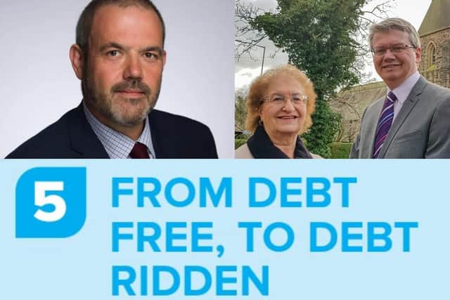 Labour council leader Paul Foster, Conservative councillors Mary and Michael Green - and the election leaflet bullet point that has prompted a debt row