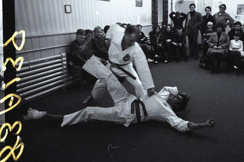 The oriental art of self defence has fought its way into Hutton village, near Preston. Over 40 people of all ages thronged a Hutton Grammar School classroom to watch a display of the ancient martial art, karate. Pictured above Colin Listel and Michael Johnstone, of Leyland Karate Club, giving a demonstration at the opening of Hutton club