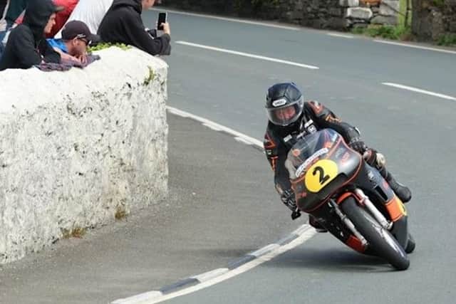 Alan Oversby crashed during the 400cc race on the Billown Circuit on the approach to Ballakeighan, on the second lap of the race. Photo: Southern 100 Road Races.