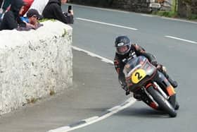 Alan Oversby crashed during the 400cc race on the Billown Circuit on the approach to Ballakeighan, on the second lap of the race. Photo: Southern 100 Road Races.