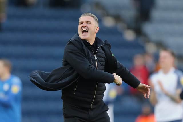 Preston North End manager Ryan Lowe celebrates victory against Bournemouth at Deepdale