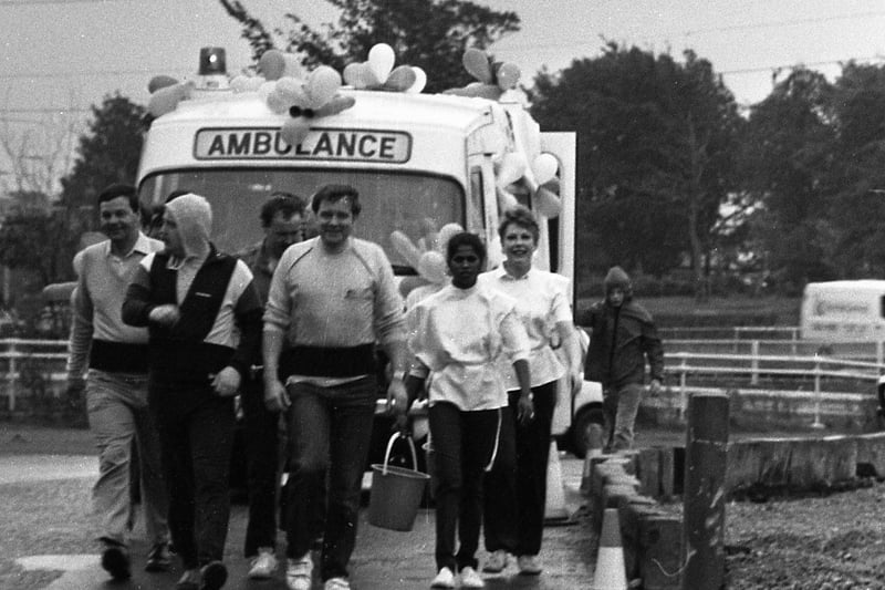 These charity-minded ambulancemen, representing Chorley and Leyland stations, were proud to pull their weight when fund-raising, as they tugged a two-and-a-half ton ambulance 12 miles from Chorley Hospital to the Royal Preston Hospital. They were raising money for the Sally Moon Heartbeat Appeal.