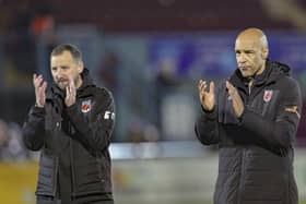 Chorley boss Andy Preece, right, and his assistant Chris Anderson applauds the travelling fans at South Shields (photo: David Airey/dia_images)