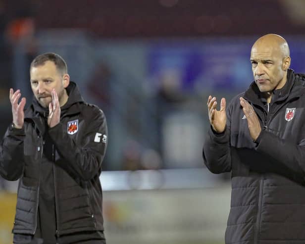 Chorley boss Andy Preece, right, and his assistant Chris Anderson applauds the travelling fans at South Shields (photo: David Airey/dia_images)