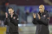 Chorley boss Andy Preece, right, and his assistant Chris Anderson applauds the travelling fans at South Shields (photo: David Airey/dia_images)