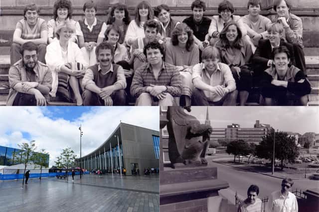 UCLan wants to reconnect with lost alumni ahead of celebratory event. (Top and right: a class of students and the Fylde and Harris building, both in the 1980s.)