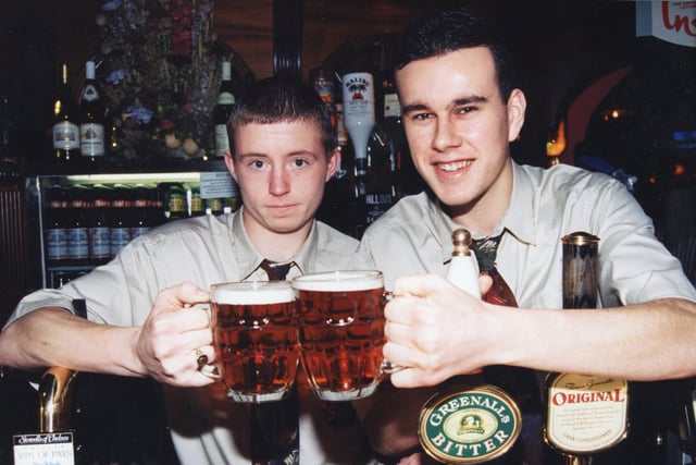 Wall Street chef Andy Gregson (left) and barman Pete Dimmock raise a toast to celebrate the pub's entry in the 1996 CAMRA Good Beer Guide