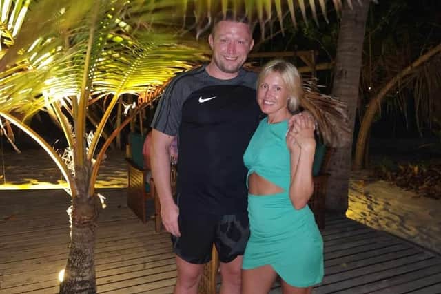 All smiles for newlyweds Shayne and Jade Singleton pictured on their honeymoon in the Maldives. The couple panicked when they arrived at Manchester Airport with their two sons' passports instead of their own but a friend, Aftab Afzal, stepped in to make a rush delivery of the right ones so they could make their flight