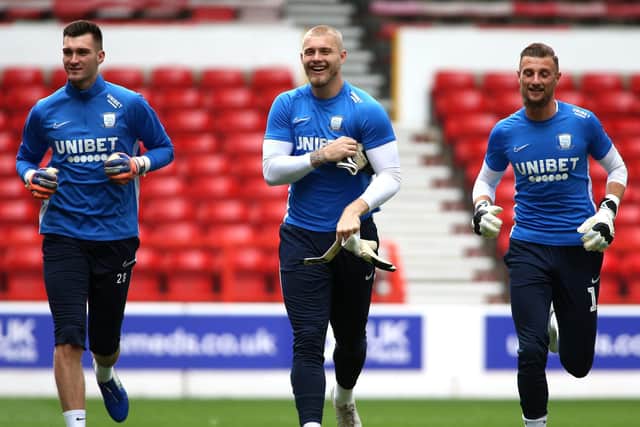 Preston North End goalkeepers Mathew Hudson, Connor Ripley and Declan Rudd