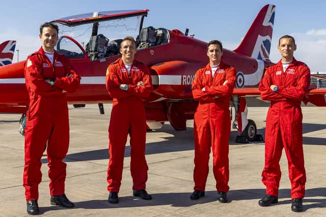 The new pilots that will be joining the Royal Air Force Aerobatic Team, the Red Arrows in the 2024 season.
L-R: Flt Lt George Hobday, Sqn Ldr Jon Bond, Flt Lt Dustin Wales and Flt Lt Chris McCann