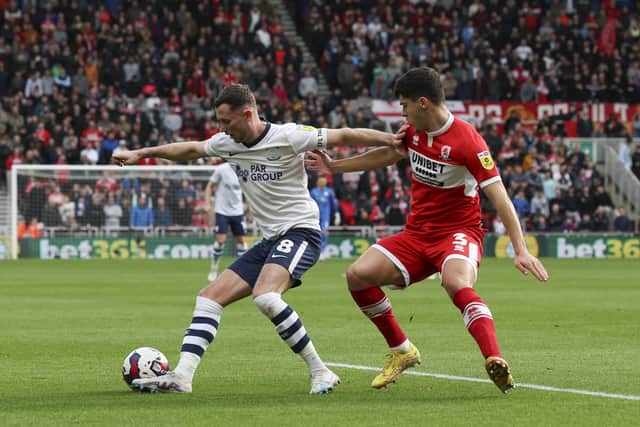 Preston North End's Alan Browne holds off the challenge from Middlesbrough's Ryan Giles

Photographer Lee Parker/CameraSport

The EFL Sky Bet Championship - Middlesbrough v Preston North End - Saturday 18th March 2023 - Riverside Stadium - Middlesbrough

World Copyright © 2023 CameraSport. All rights reserved. 43 Linden Ave. Countesthorpe. Leicester. England. LE8 5PG - Tel: +44 (0) 116 277 4147 - admin@camerasport.com - www.camerasport.com