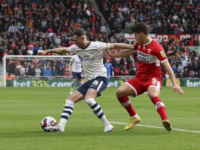Preston North End's Alan Browne holds off the challenge from Middlesbrough's Ryan Giles

Photographer Lee Parker/CameraSport

The EFL Sky Bet Championship - Middlesbrough v Preston North End - Saturday 18th March 2023 - Riverside Stadium - Middlesbrough

World Copyright © 2023 CameraSport. All rights reserved. 43 Linden Ave. Countesthorpe. Leicester. England. LE8 5PG - Tel: +44 (0) 116 277 4147 - admin@camerasport.com - www.camerasport.com