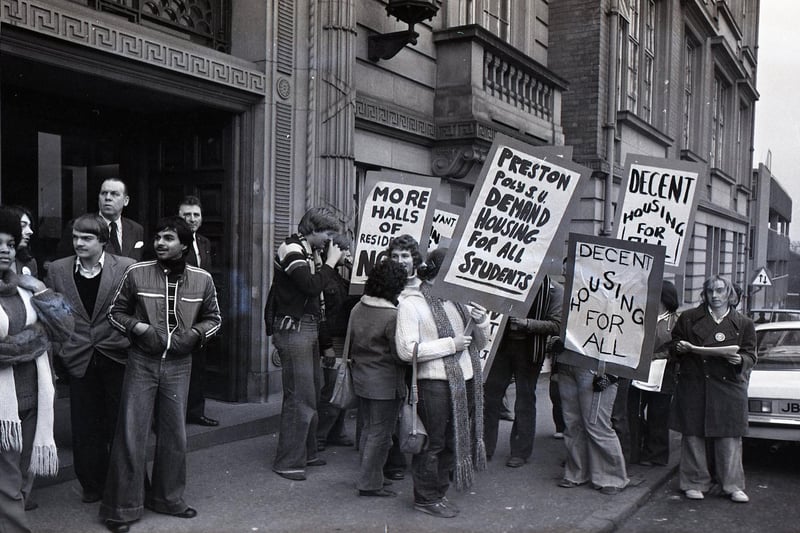 Banner carrying Preston Polytechnic students marched on County Hall to deliver a strong protest about appalling housing conditions. The 75-strong demonstration provoked an immediate reaction from Lancashire County Council chairman Coun Len Broughton