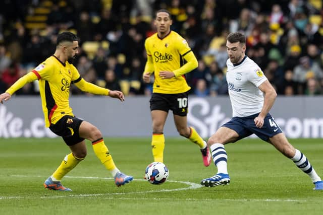 Preston North End's Ben Whiteman competing with Watford's Imran Louza (left)