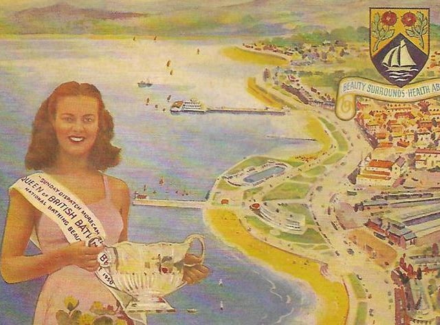 Violet Pretty's image on the cover of the Morecambe 1951 brochure emphasised the importance to the resort of the Super Swimming Stadium and The Miss Great Britain competition.