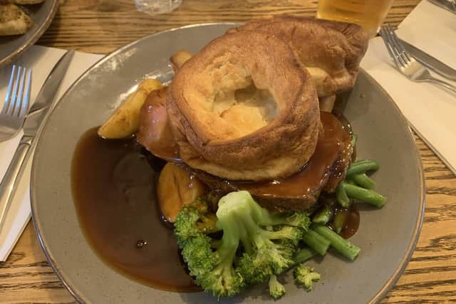 Roast sirloin of mature aged beef with Yorkshire pudding and vegetables at The Ship in Elswick