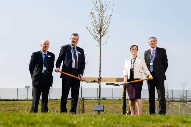 Preston College’s anniversary tree planting ceremony (L-R) UCLan Secretary and General Counsel Ian Fisher, UCLan Vice-Chancellor Professor Graham Baldwin, Louise Doswell, Principal and Chief Executive of Preston College and John Boydell, Chair of the Corporation Board at Preston College.