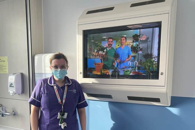 Matron Nicola with the new TV in the Royal Preston Hospital’s Children’s Ward “safe space” room for children and young people struggling emotionally
