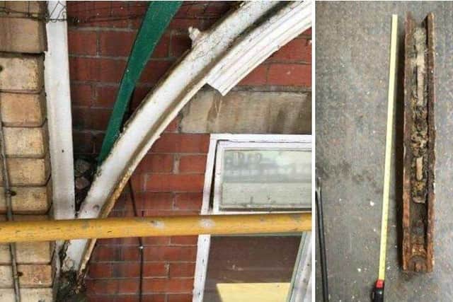A missing section of cast iron moulding from arched truss (left), which had fallen to the floor (right) (images: WSP/Network Rail via Preston City Council planning portal)