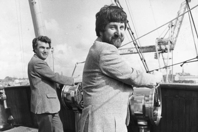 Managing director of the Manxman Tony Gornall (right) gives a tour of the ship to press man John Preston (left)