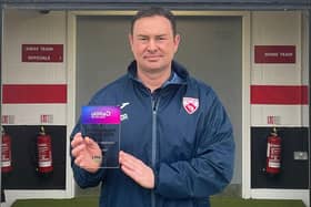Morecambe boss Derek Adams with the LMA Utilita Performance of the Week award Picture: Morecambe FC