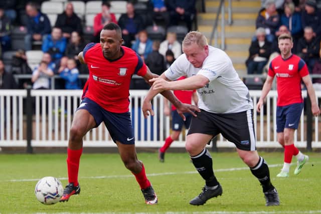 Ricardo Fuller tries to hold off Stephen Green during Preston North End legends' game against Bamber Bridge Vets. Pic: Ruth Hornby
