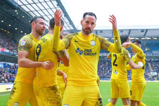 Preston North End's Greg Cunningham celebrates a goal at Blackburn Rovers