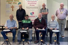 Leyland Rotary President, Jim Costello, meeting the Drumming4Dementia group