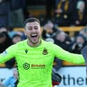 Southport goalkeeper Chris Renshaw celebrates after the penalty shootout win over Yeovil Town in the FA Trophy (photo: Julia Urwin/Southport FC)